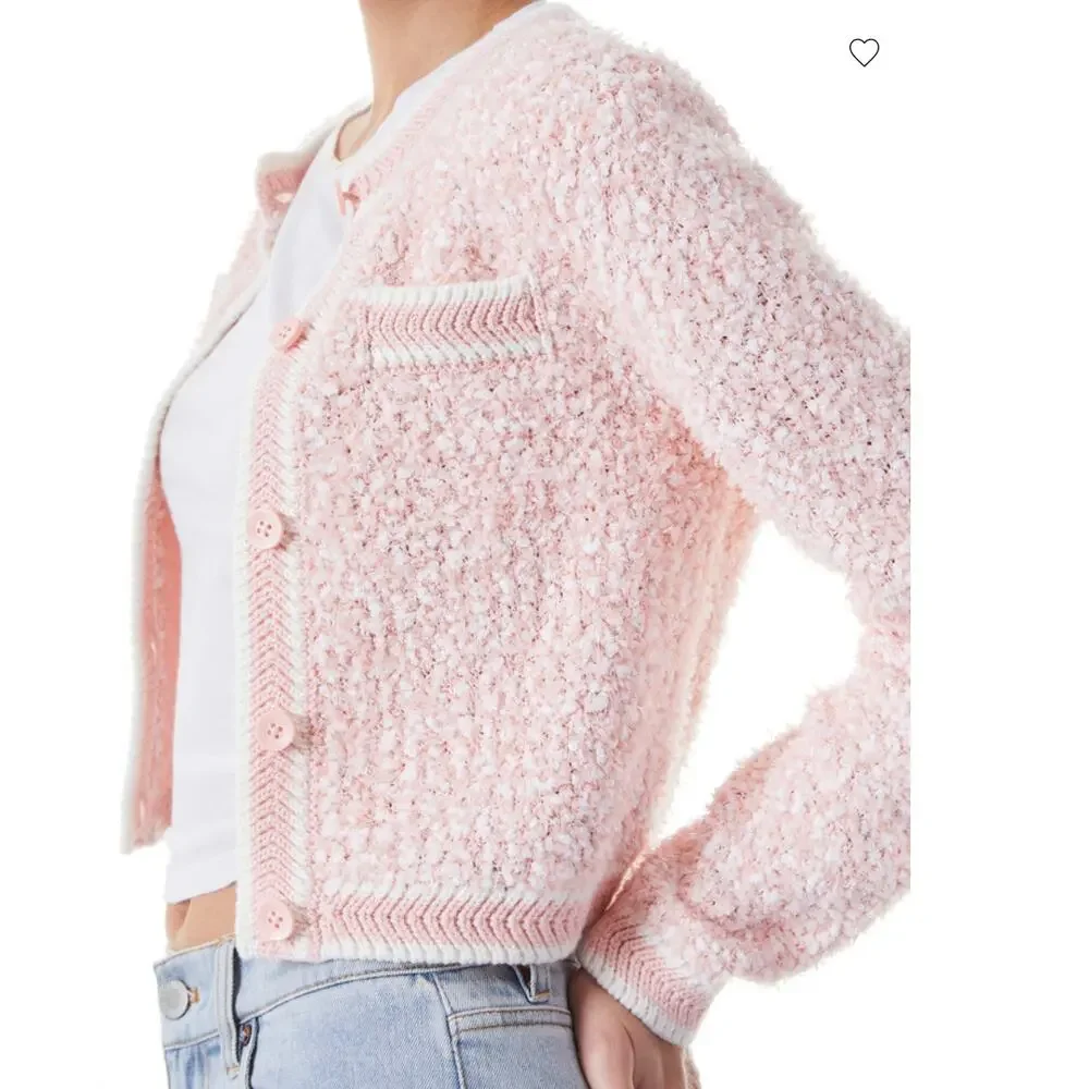 Alice + Olivia Noella Cropped Cardigan Medium Pink Boucle Knit Crew Button Front - Picture 11 of 15